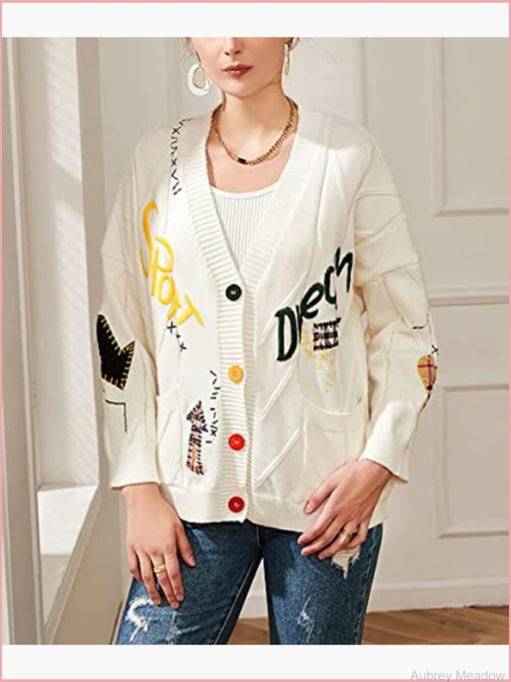 Womens Cable Knit Embroidery Patchwork Cardigan V Neck Long Sleeve Open Front - Picture 2 of 5